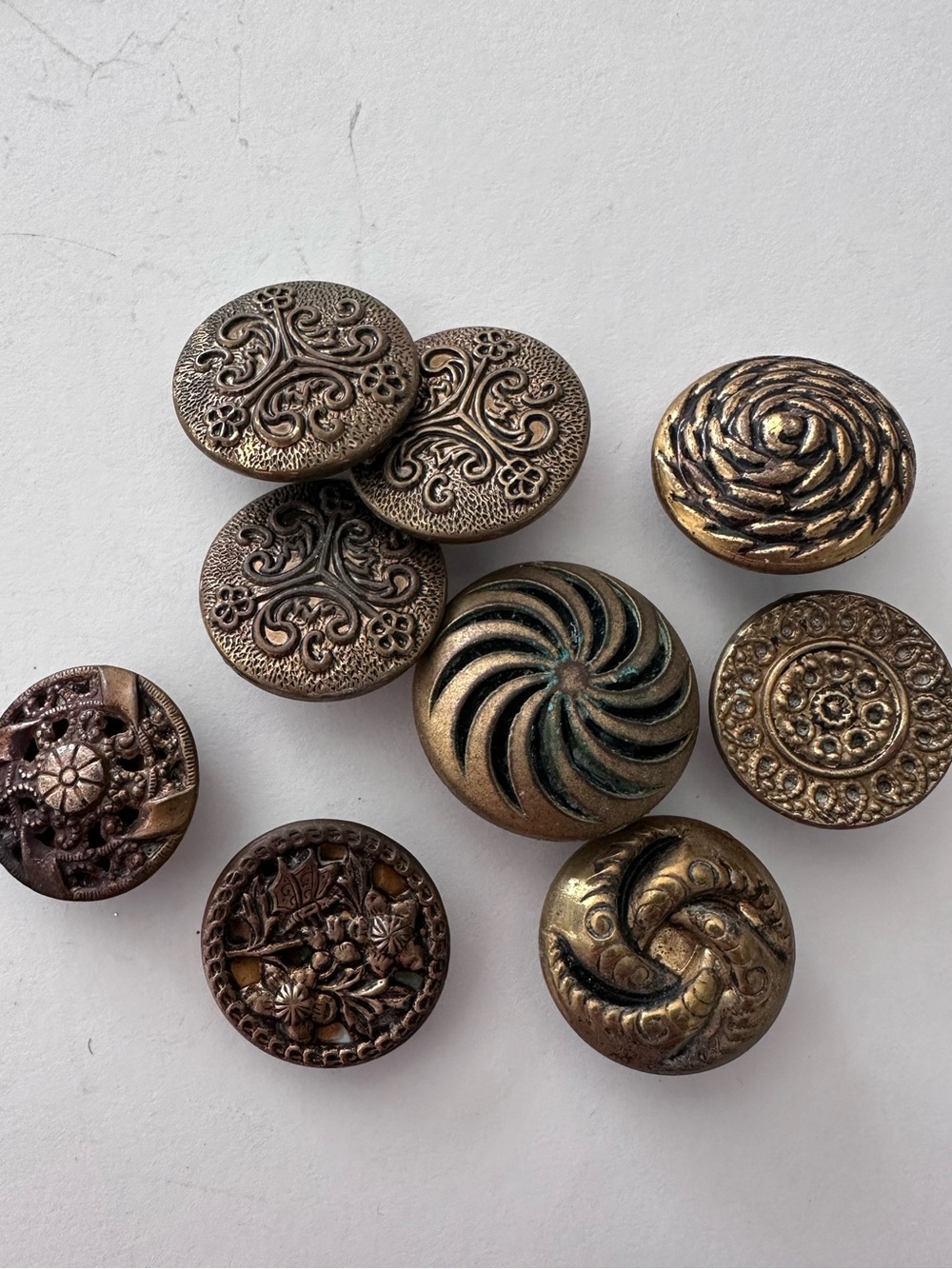 9 vintage metal BRASS assorted designs collector buttons